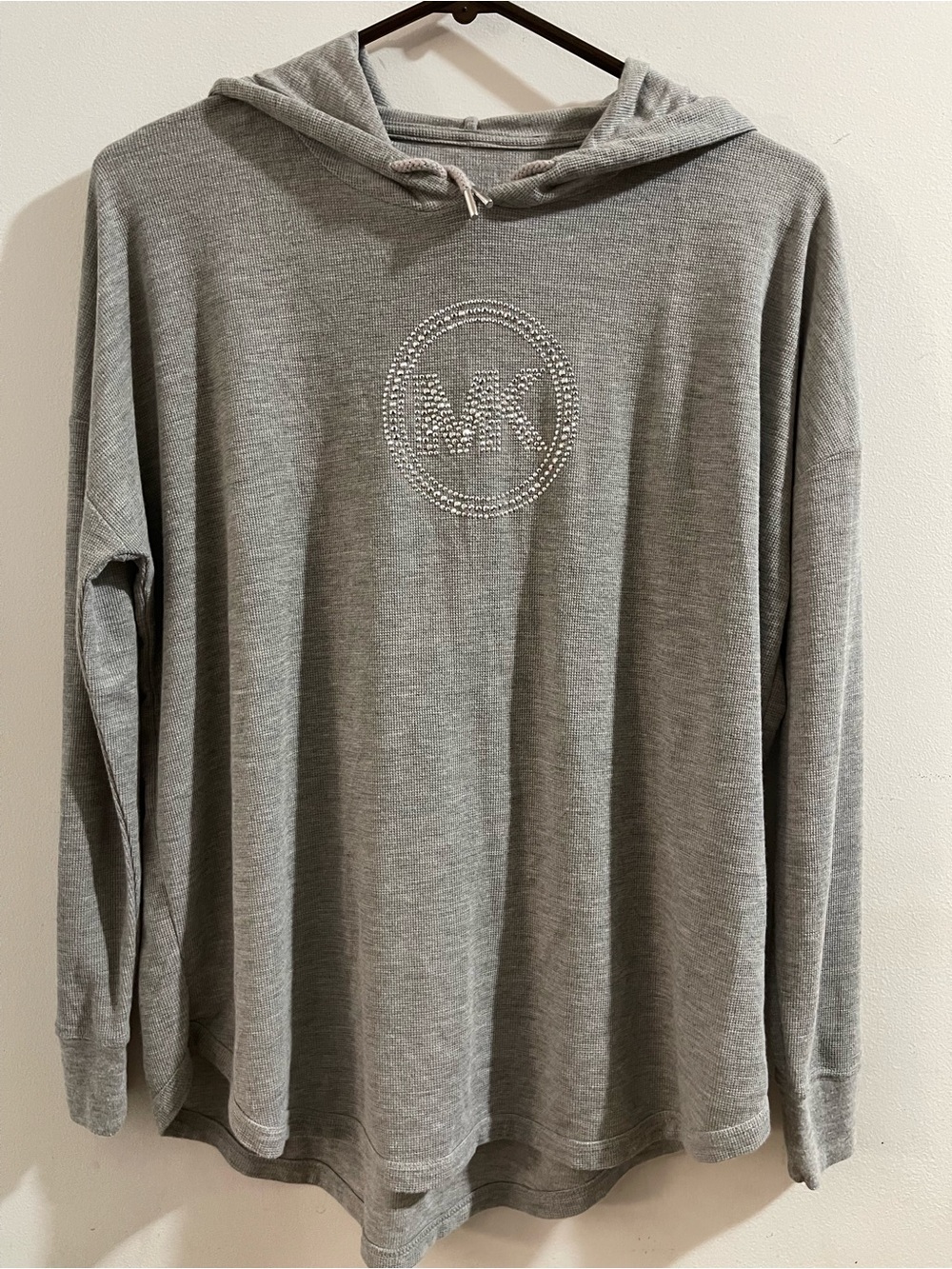 Michael Kors Women’s Light Gray Rhinestone MK Hoodie Large Long Sleeve